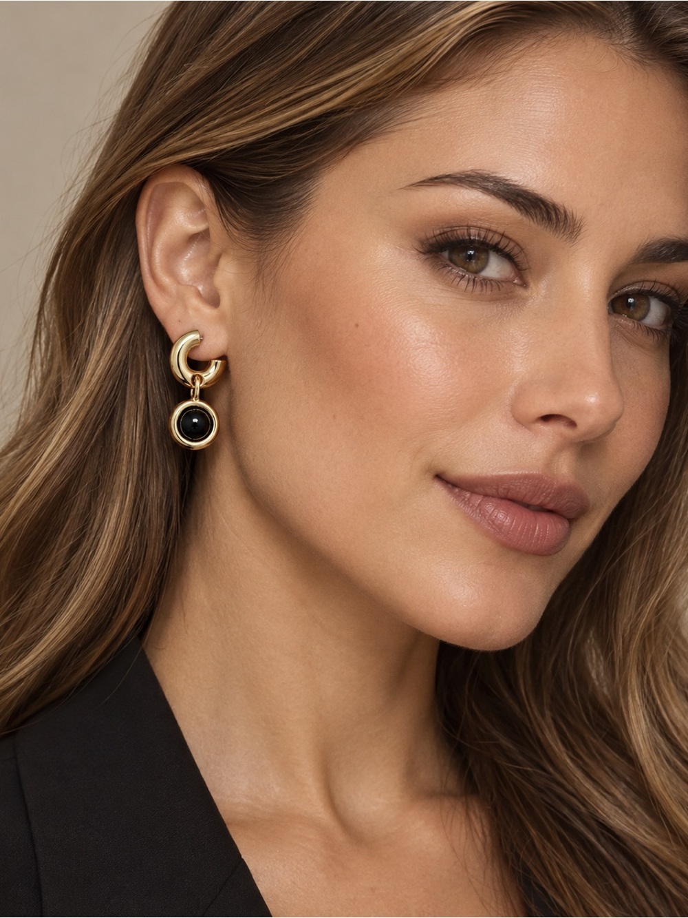 Beymen Gold-Tone Hoop Drop Earrings with Black Stone Pendant